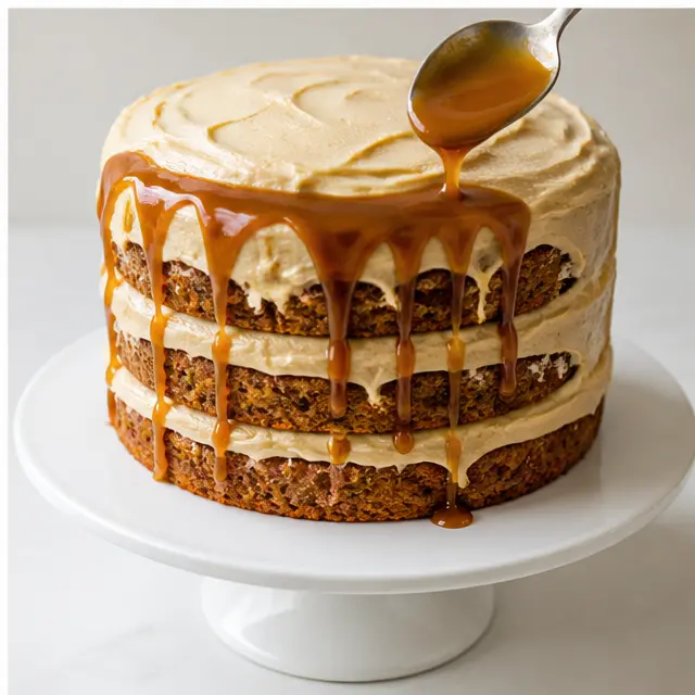 Drizzle warm salted caramel sauce over the finished frosted cake
