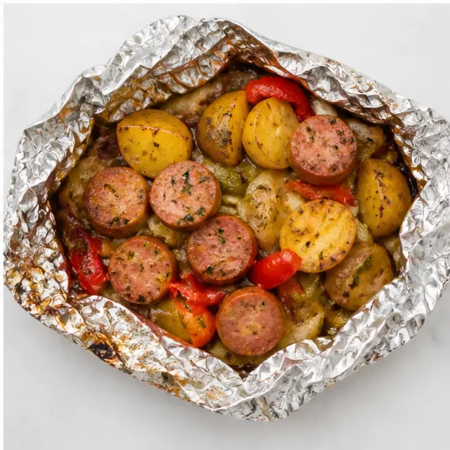 Step 4: Opening the finished packets to reveal juicy sausage and perfectly cooked vegetables.