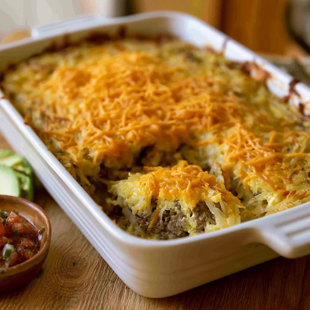 sausage hash brown breakfast casserole - final presentation