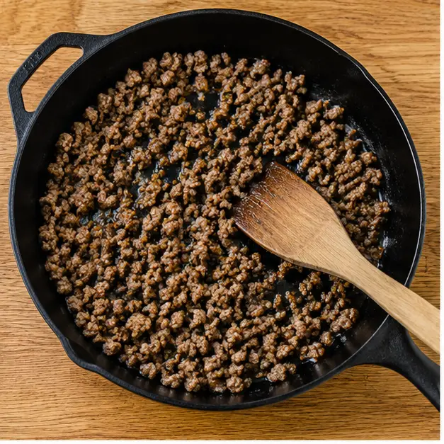Step 1: Browning hot bulk breakfast sausage crumbles in a skillet until no pink remains