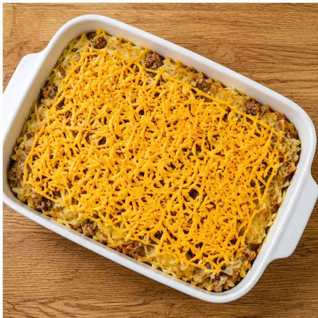 Step 4: Layering the browned hash browns, sausage, cheddar cheese, and custard in the baking dish