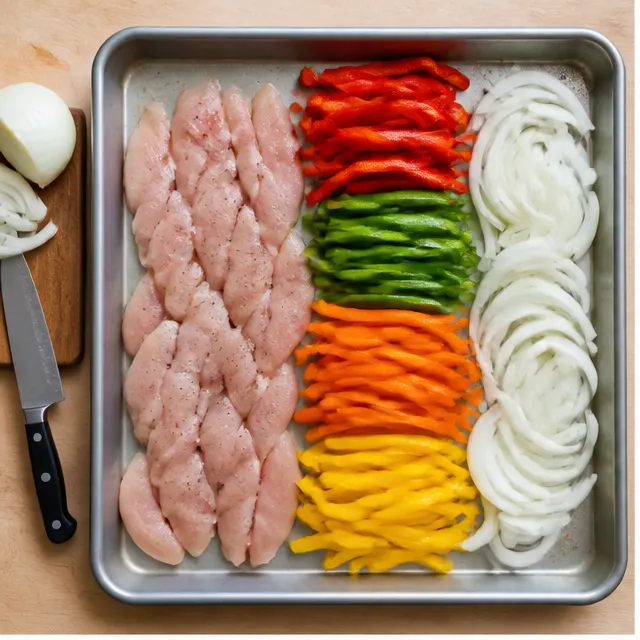 Slice: Cut the chicken against the grain and slice peppers and onion into similar-size pieces