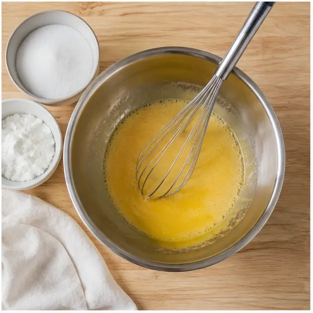Whisking sugar, cornstarch, and egg yolks into a smooth slurry