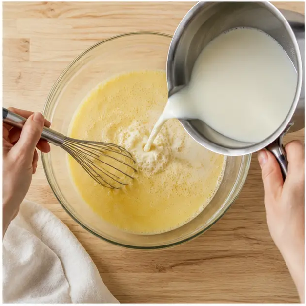 Tempering the hot milk into the egg mixture while whisking