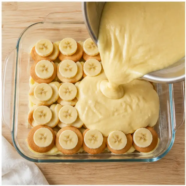 Layering wafers, bananas, and custard in a glass baking dish