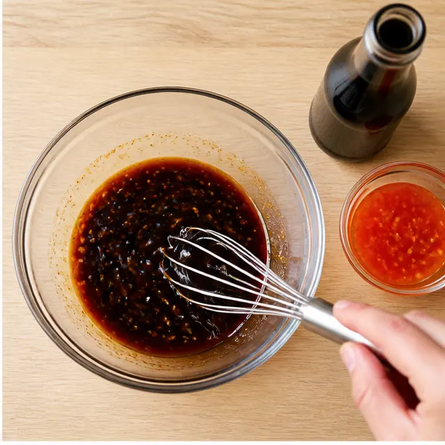 Step 2: Whisking the glossy sticky garlic sauce in a bowl