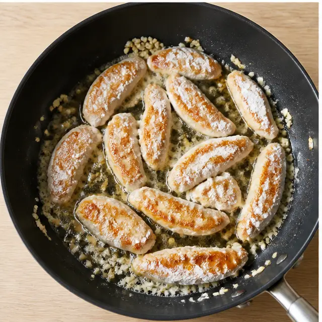 Step 3: Crisping cornstarch coated chicken fillets with garlic in a skillet