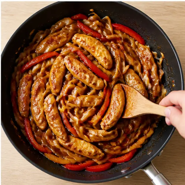 Step 4: Tossing noodles, chicken and bell peppers in the sticky sauce