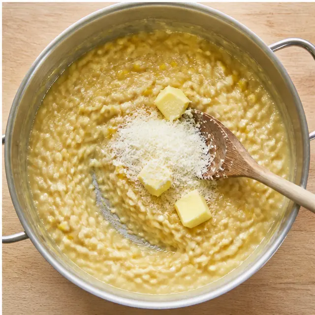 Stirring cold butter and grated Parmesan off the heat for the mantecatura