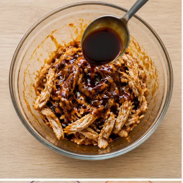 Step 1: Mixing shredded chicken with teriyaki sauce