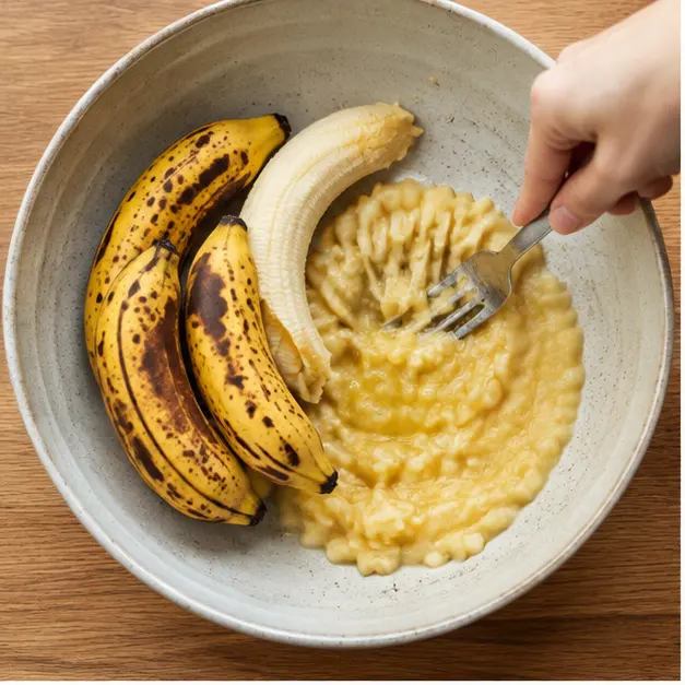 Mashing ripe bananas with a fork until smooth