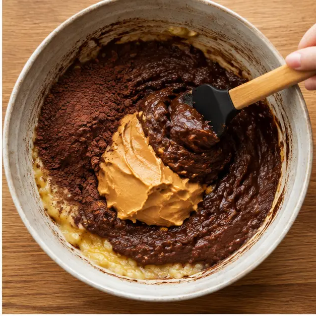 Stirring cocoa and peanut butter into the banana purée