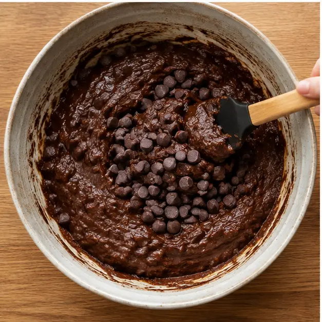 Folding dark chocolate chips into the thick batter