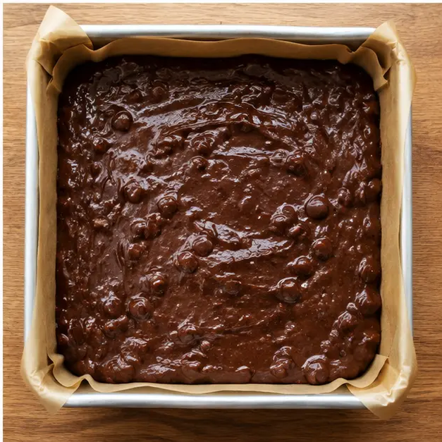 Spreading the batter into a parchment-lined square pan
