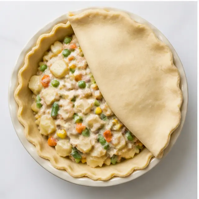 Assembling the pie with turkey, vegetables, and crust