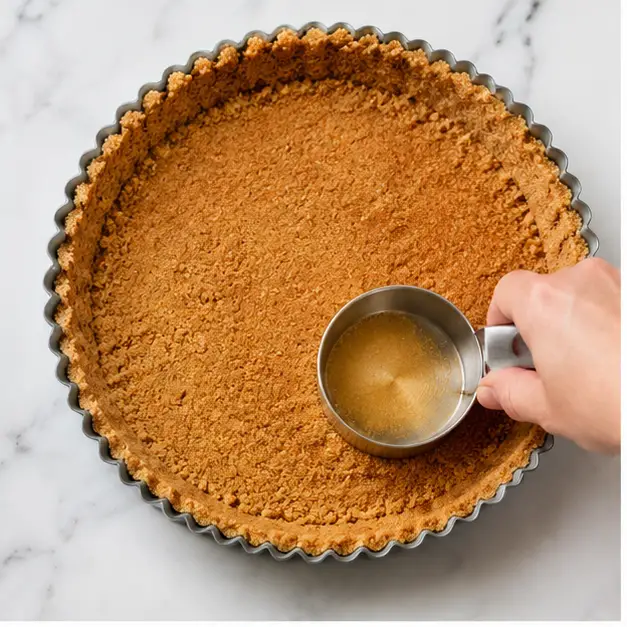 Step 1: Pressing graham cracker crust into fluted tart pan