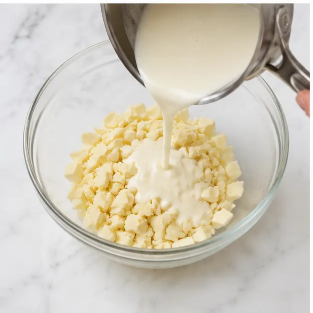 Step 3: Pouring warm cream over white chocolate chunks to make ganache