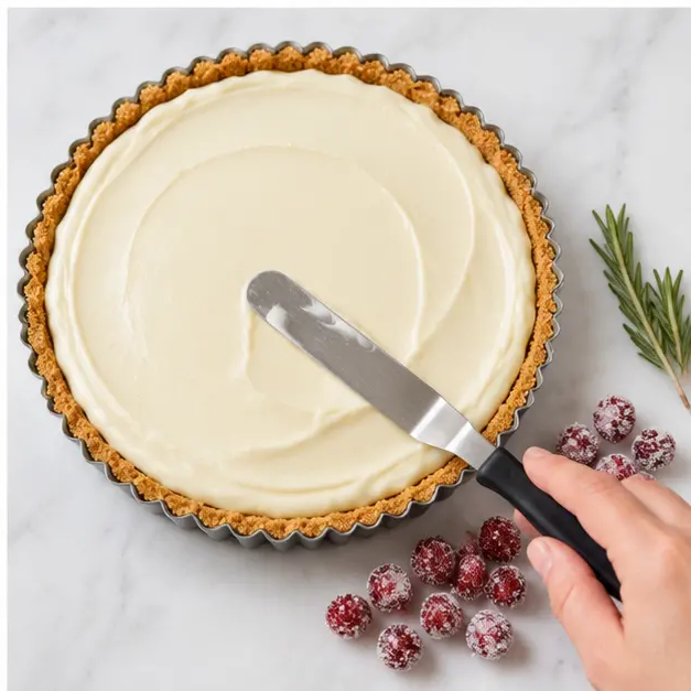Step 4: Smoothing white chocolate ganache over the assembled tart