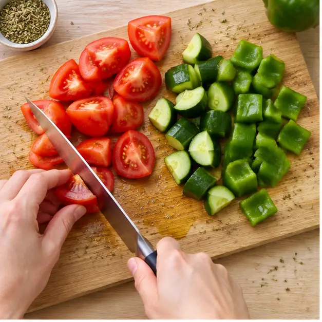 Chopping chunky vegetables on a wooden cutting board