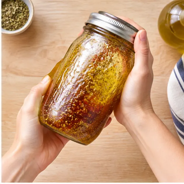 Shaking the oregano vinaigrette in a mason jar