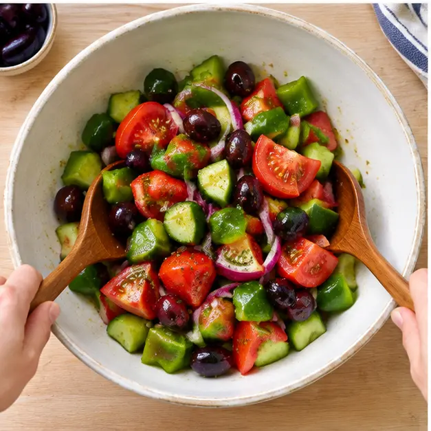 Tossing dressed vegetables in a large serving bowl