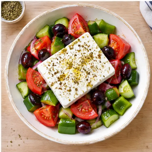 Placing a thick feta slab on top of the salad