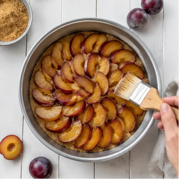 Step 1: Butter pan and arrange plum slices