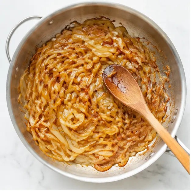 Thinly sliced yellow onions caramelizing in olive oil until deeply golden