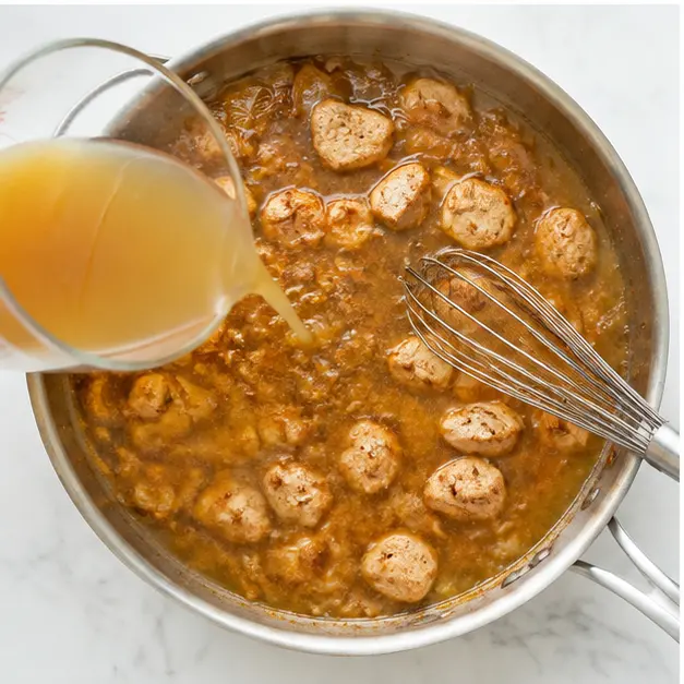 Chicken broth and cream stirred into the skillet to make a velvety sauce