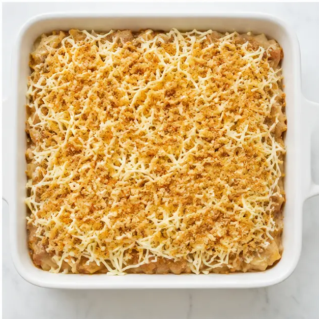 Assembled casserole topped with Gruyère cheese and buttered breadcrumbs