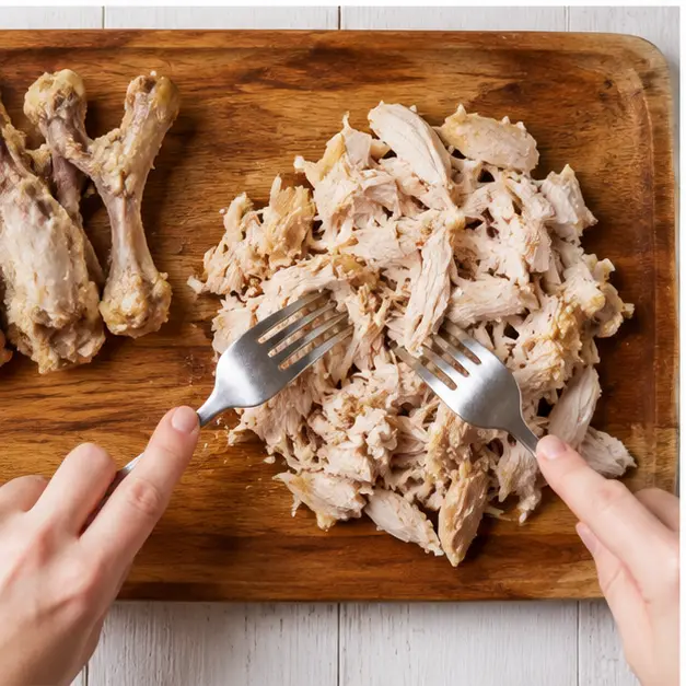 Shredding cooked chicken with two forks on a cutting board, bones discarded