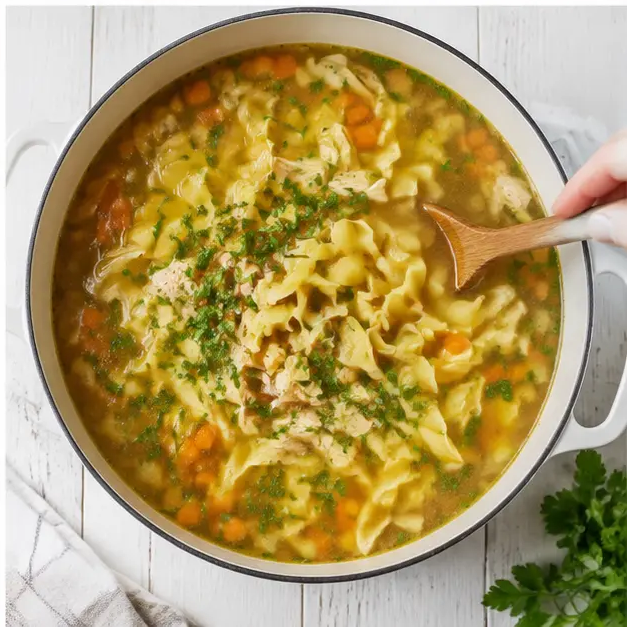 Stirring wide egg noodles into the simmering golden soup, finished with fresh parsley