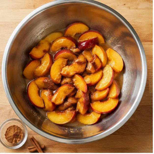 Tossing peach slices with brown sugar and lemon juice in a bowl
