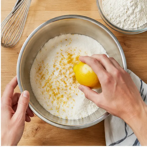 Rubbing lemon zest into sugar until it smells strongly of lemon