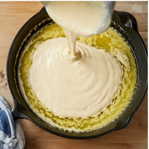 Pouring buttermilk batter over melted butter in a hot skillet