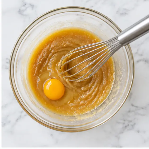 Whisking melted butter with brown sugar and egg yolk until glossy
