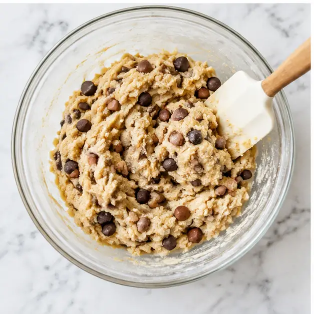 Folding flour and chocolate chips into the dough with a spatula