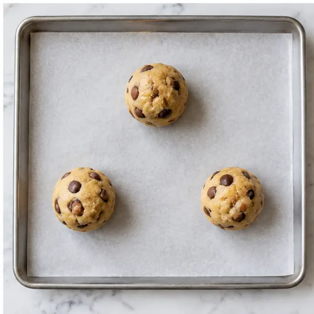 Scooping three dough balls onto a parchment lined baking sheet