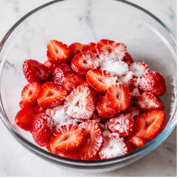 Macerating fresh strawberry slices with sugar