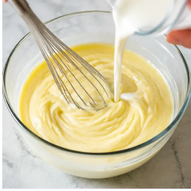 Whisking instant vanilla pudding mix with cold milk