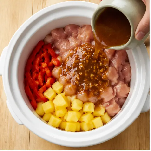 Step 1: Combining raw chicken, pineapple, pepper, and sauce ingredients in the slow cooker insert