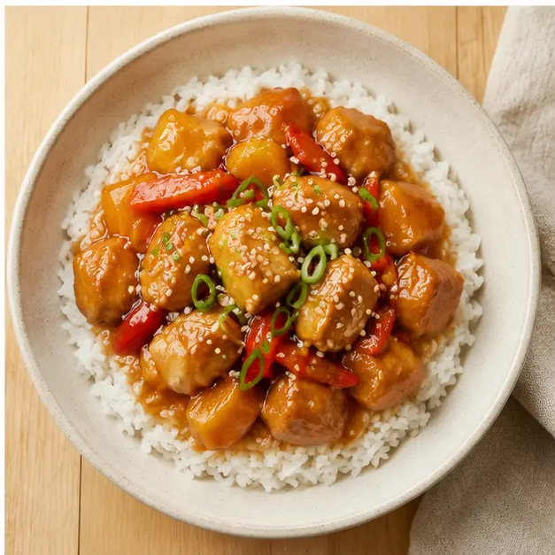 Step 4: Plating the finished chicken over steamed rice with green onion and sesame garnish