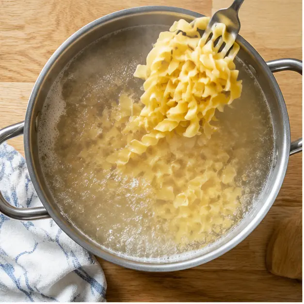 Boiling the wide wavy egg noodles in the large pot
