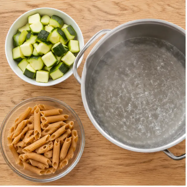 Step 1: Dicing zucchini and boiling salted water with whole wheat penne