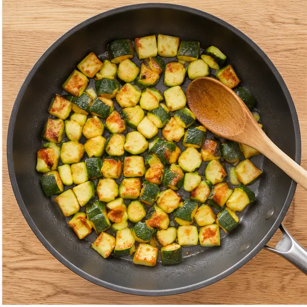 Step 2: Searing zucchini chunks in olive oil until golden-brown at the edges