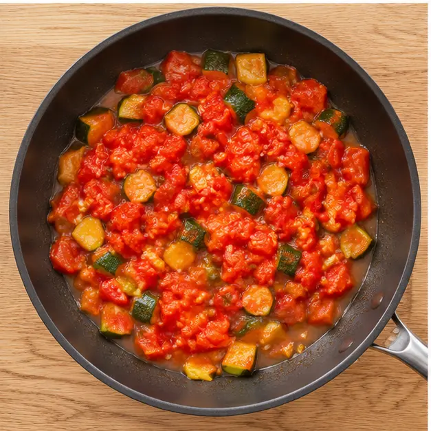 Step 3: Cooking minced garlic and tomato chunks with the seared zucchini until jammy