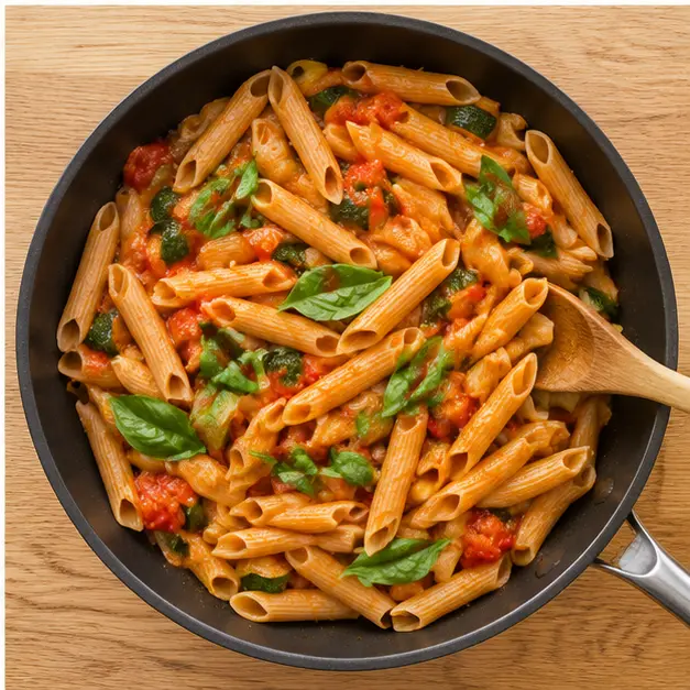 Step 4: Tossing cooked penne with the tomato-zucchini sauce and folding in fresh basil